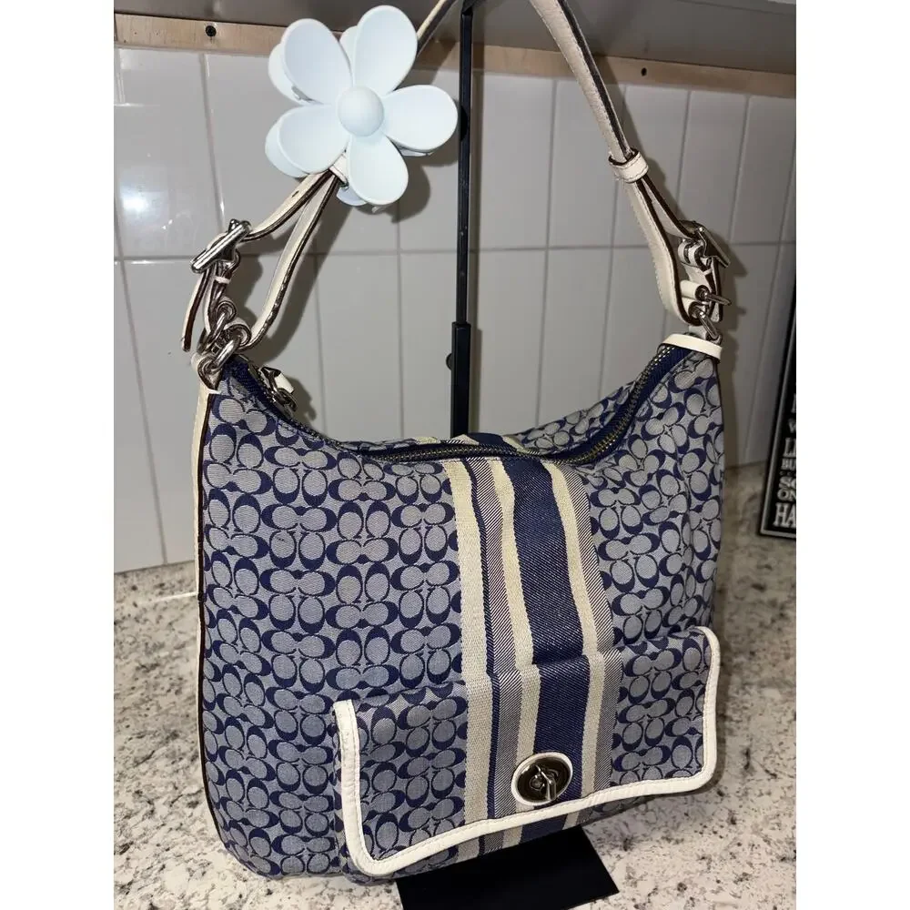 Coach Courtenay Hobo Blue Signature Stripe White Leather Tassel A1393